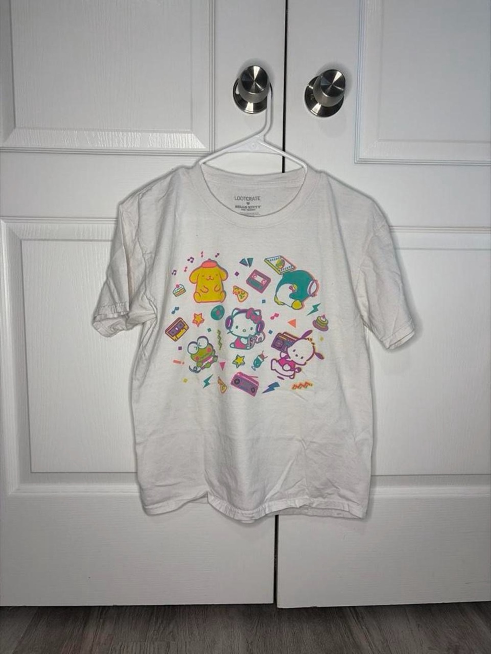 Sanrio White Tee with Colorful Character Collage